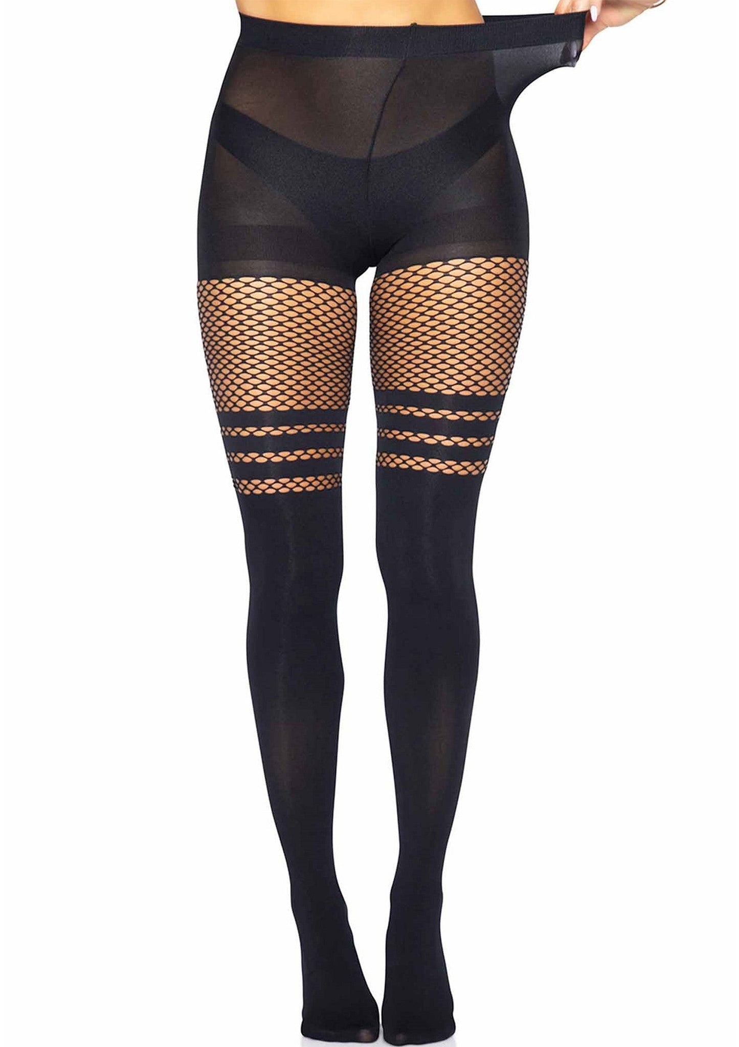 Seamless Opaque Pantyhose with Fishnet Stripe