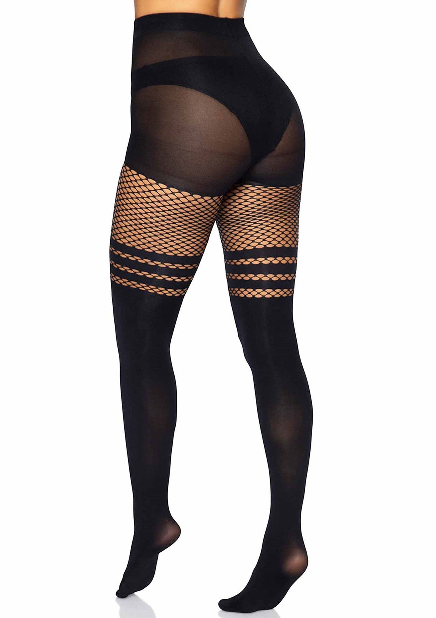 Seamless Opaque Pantyhose with Fishnet Stripe