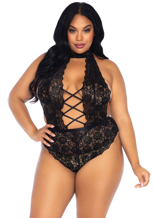 Plus High Neck Crotchless Teddy