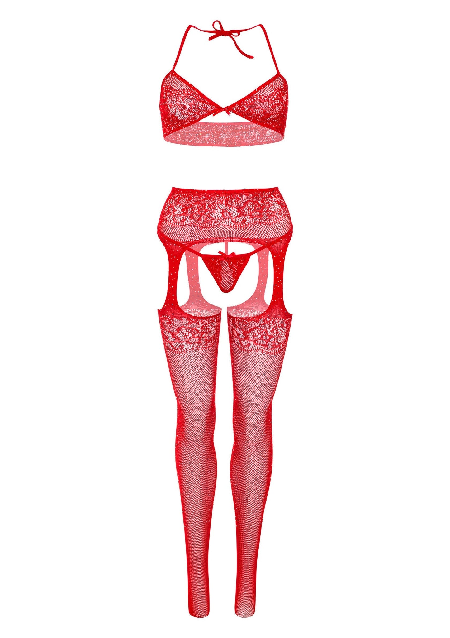 Lace Bra, String and Garter Belt Stockings