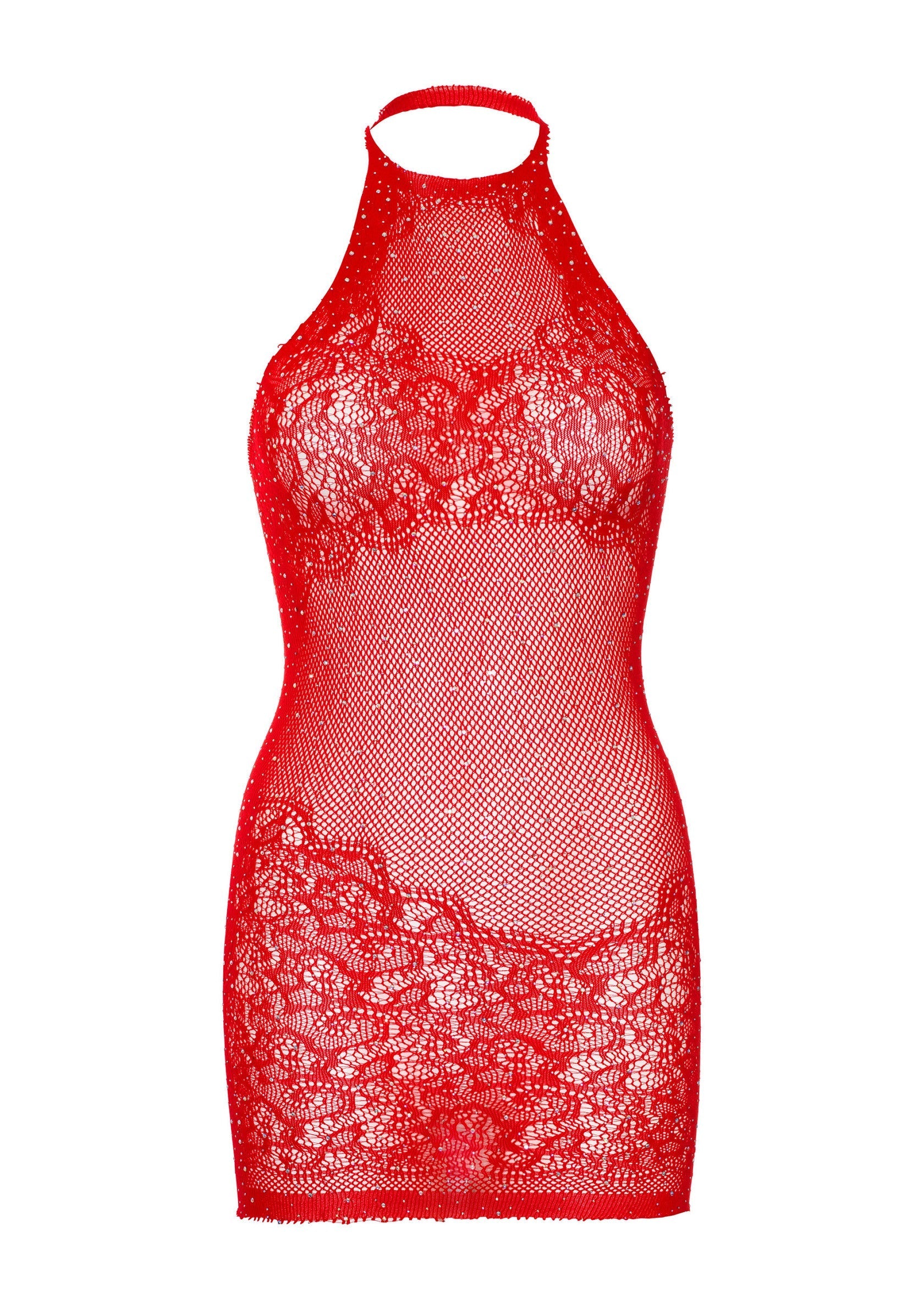 Rhinestone Lace and Net Halter Mini Dress